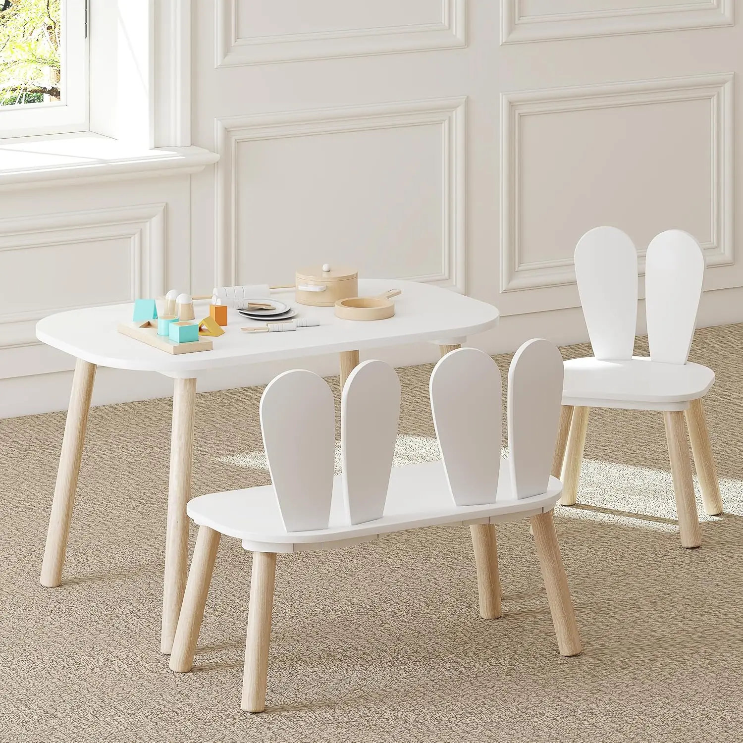 Kids Table and Chair Set, Toddler Table with Bunny Chair and Bench, 3 Pieces Wooden Children Table