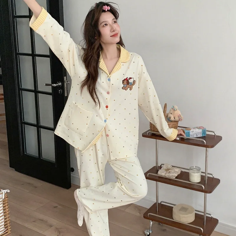 

Женские пижамные комплекты для сна Hello Kitty, кавайные штаны с героями мультфильмов, весенне-осенние штаны с длинными рукавами, одежда для сна для молодых девушек, домашняя одежда, новинка