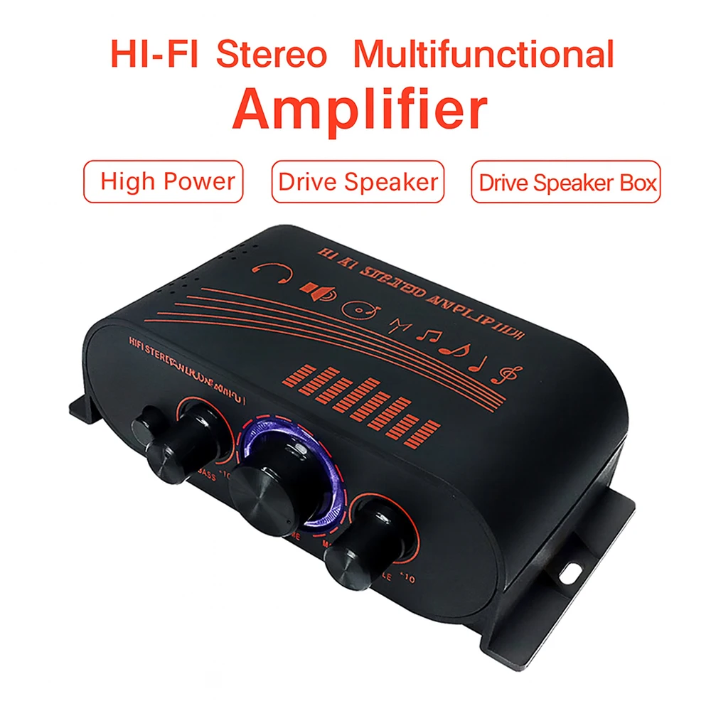 HiFi Stereo Audio Amplifier RCA Input 2-Channel 20W×2 DC12V Mini Amp with Bass Treble Control For Car Home Speaker System