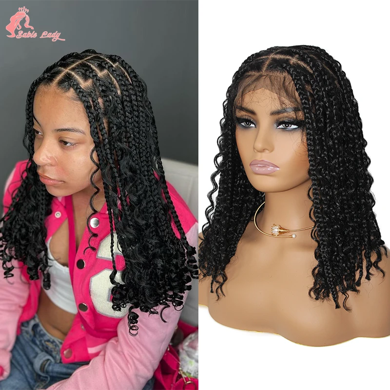 Pelucas sintéticas de 12 ", pelo corto trenzado Bob, caja de pelucas de encaje trenzado sin nudos, diosa Bohemia, rizada, transparente, encaje completo