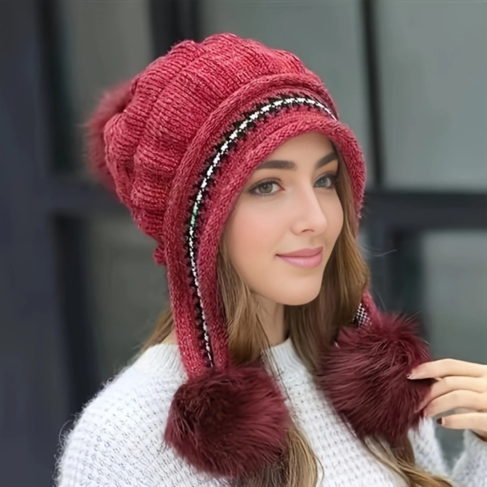 Soft Winter Warm Fur Hat Fleece Lined Earflap Hat For Women Knitted Beanie Casual Slouchy Thick Thermal Cap For Cold Weather image 4