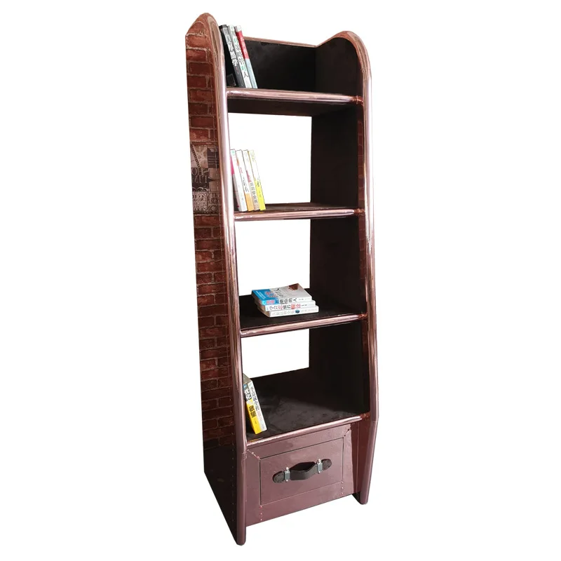 

Personalized aluminum leather rivet metal bookcase industrial style retro display rack office magazine rack floor file rack