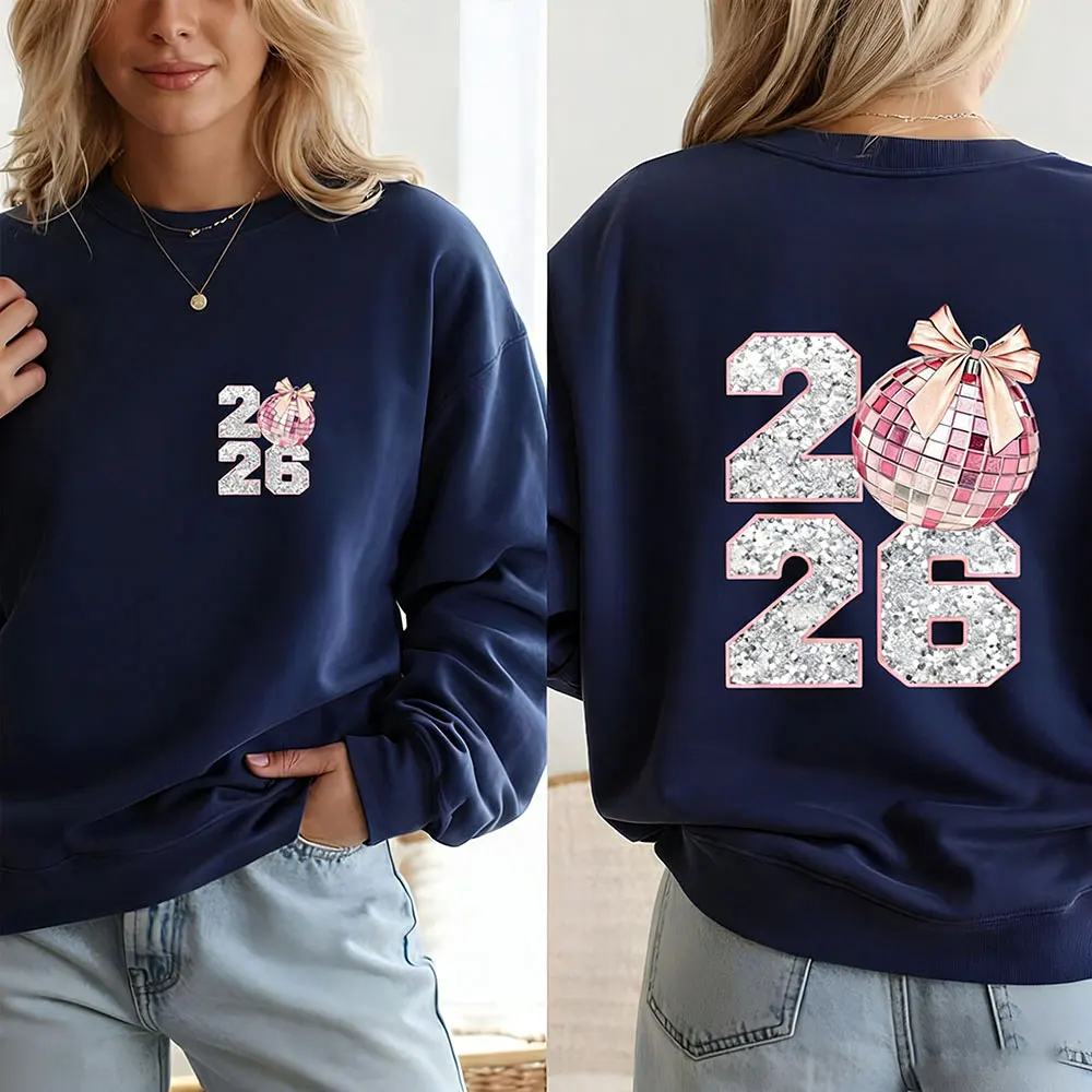 

Pink Coquette New Year 2026 Ready To Press Women 2 Sided Sweater Hello 2026 Faux Sequin Retro New Years Preppy Disco Ball Hoody