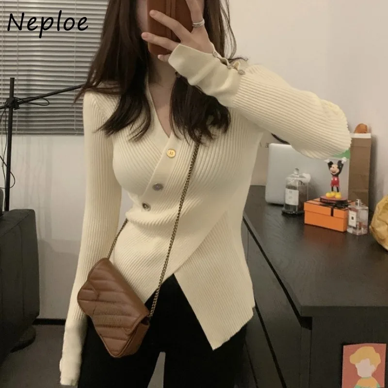 Neploe Korean Kpop V-neck Solid Sweaters Mujer Autumn Slim Waist Split Tops Women Long Sleeve Bottoming Knitted Pullover