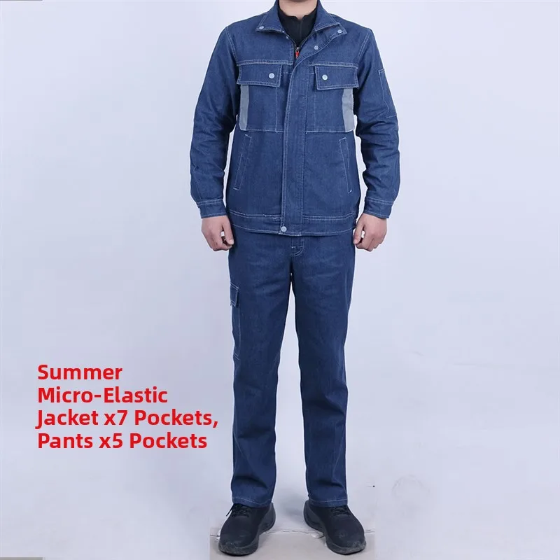 

Men's Summer Thin Denim Workwear Stand Collar Set Breathable Wear Resistant Labor ian Protective Clothing Long Sve...