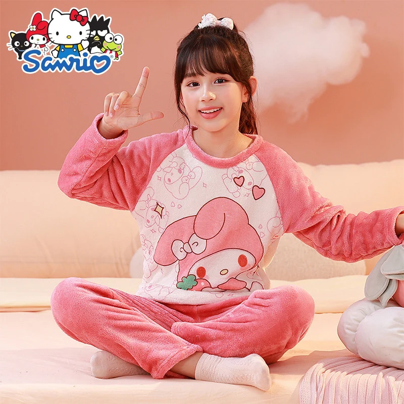 Sanrio Cartoon Hello Kitty Flannel Children Pajamas Set Cinnamoroll Winter Thicken Sleepwear Kid Pants Christmas Loungewear