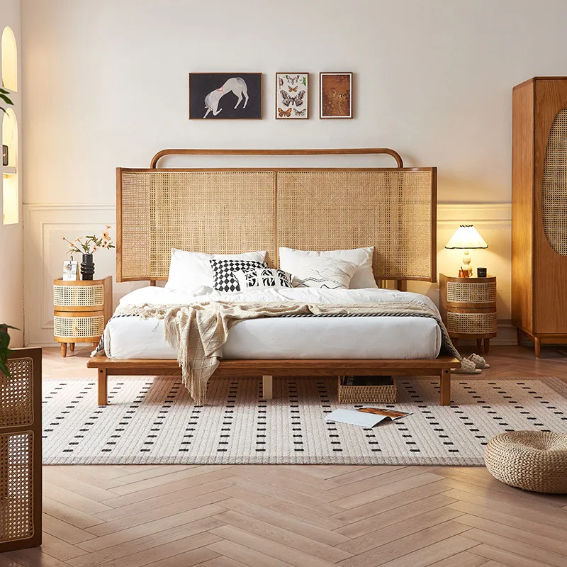 Large bedside characteristic rattan solid wood bed wabi-sabi wind bedroom simple double bed B & B