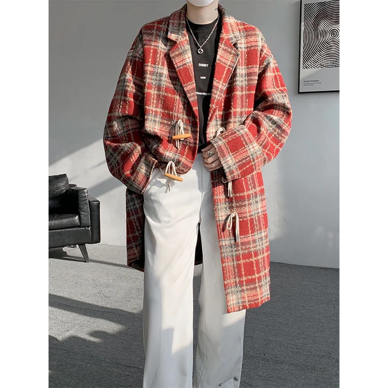

Trench men 2025 New Men Autumn Winter Trench Coat Plaid Single Breasted Horn Button Notched Lapel Mid Length Outerwear