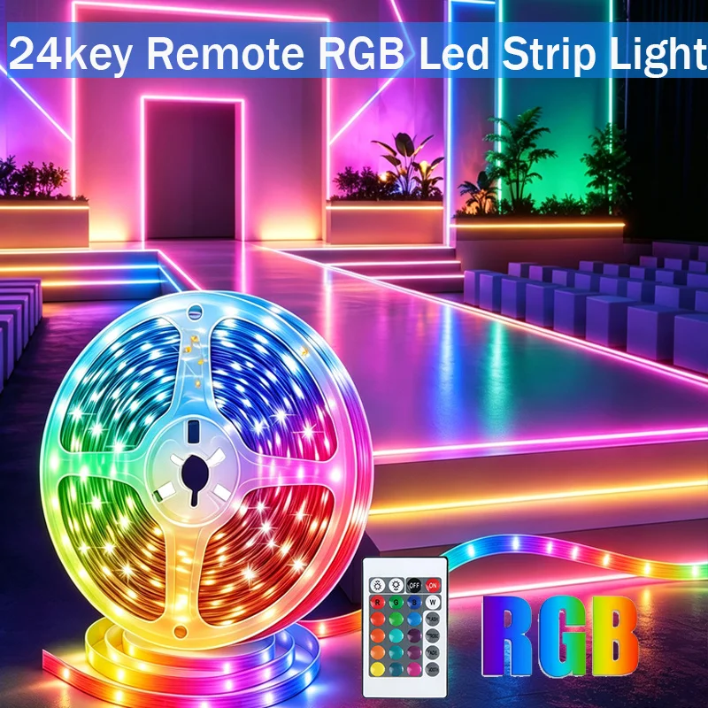 RGB 5050 LED String Lights with 24 Keys Remote, Color Changing, 3.3ft to 131ft (1m–40m), for Bedroom Kitchen TV Wall