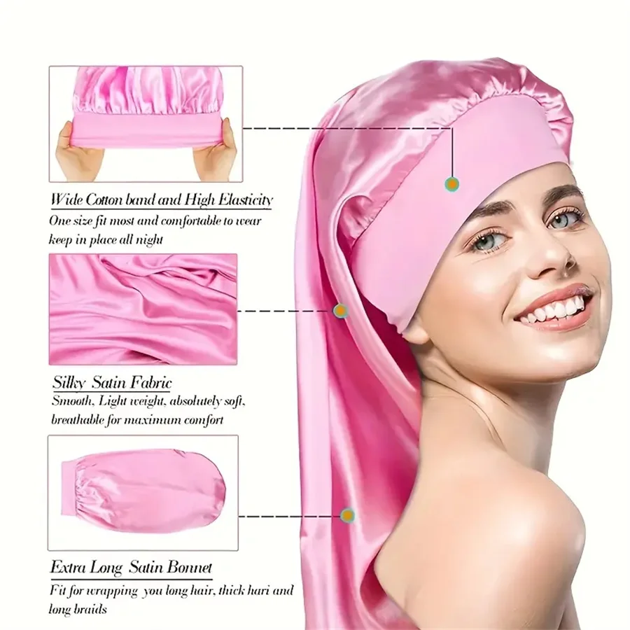 New Women Long Satin Bonnet Sleep Cap Silky Sleeping Cap with Wide Elastic Band Hair Care Turban Braids Curly Hair Natural Hair