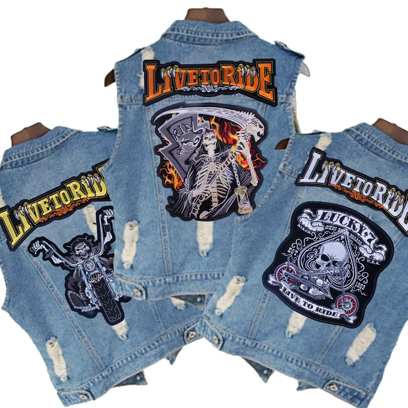 Motorfiets Biker Groot Geborduurd Patch Ijzer Op Patches Voor Kleding Thermoadhesive Patches Op Kleding Terug Punk Naaien Sticker