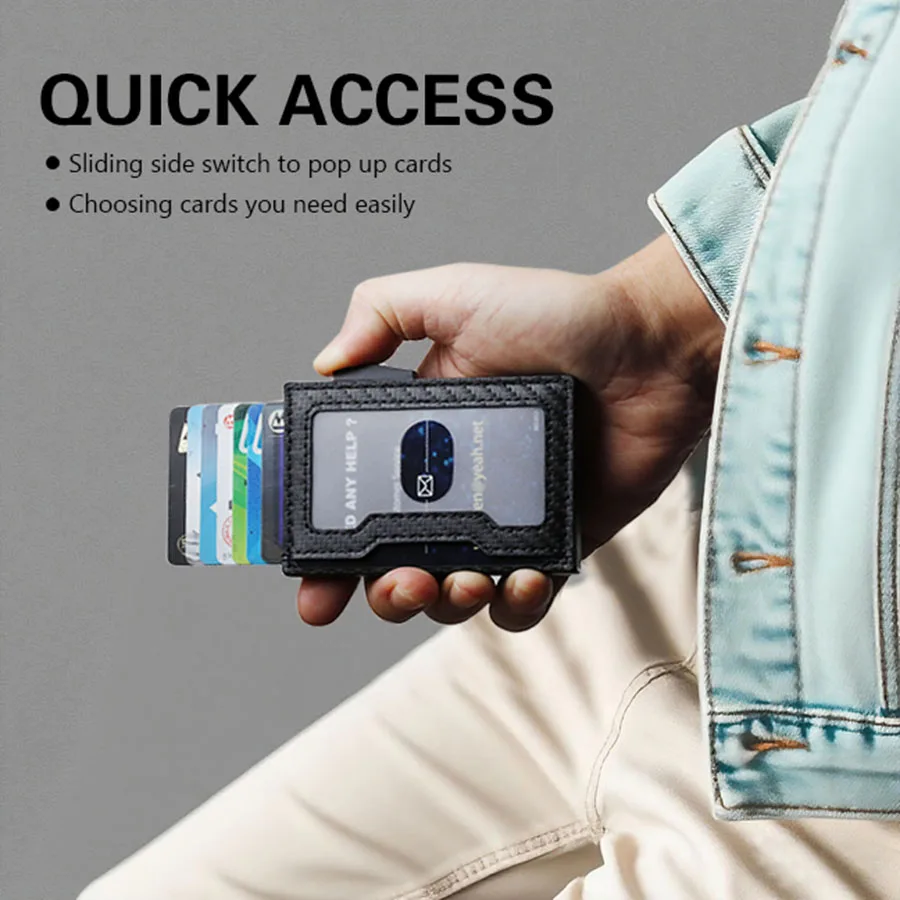 Men's Ultra-Thin Aluminum Card Holder RFID-Blocking Minimalist Metal Pop-Up Wallet Holds 12+ Cards-Cash, Carbon Fiber Wallet