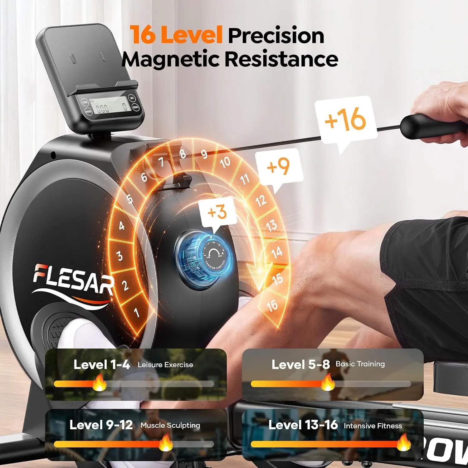 Rowing Machines for Home, Magnetic Rowing Machine with 16 Levels, Rower Machine of 350LBS Weight Capacity & Quiet, Customized
