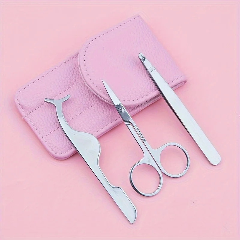 ชุดอุปกรณ์เสริมความงามพกพา 3 ชิ้น ทำจากสแตนเลส ประกอบด้วย กรรไกรตัดแต่งขนคิ้ว ที่หนีบขน และอุปกรณ์แต่งหน้า