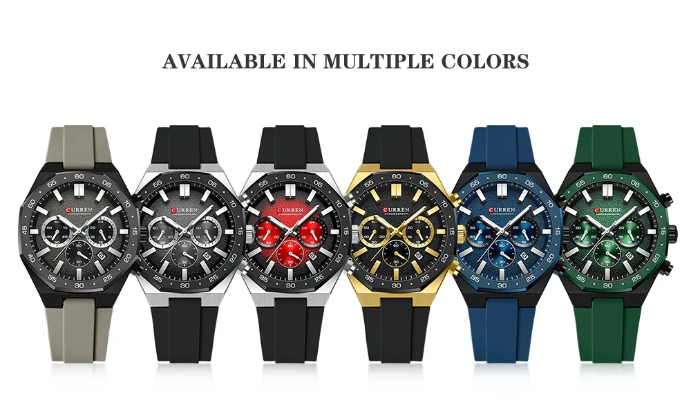 CURREN Herren Sport-Chronograph-Uhr mit Silikonarmband, Multifunktionszifferblatt mit Datum, Leuchtzeigern, Casual Quarz-Armbanduhr – Detail 8