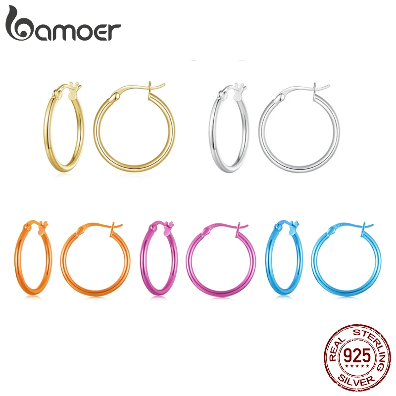 Bamoer 925 Sterling Silver Electroplating Orange/Blue/Rose Red/golden Ear Buckles for Women Simple Anti-allergy Hoop Earring