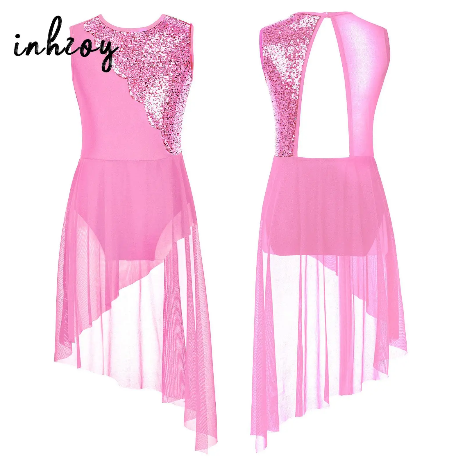 

Kids Girls Sequins Sleeveless Lyrical Dance Dress Ballet Leotard Modern Contemporary Dance Costume High Low Skirt Dancewear