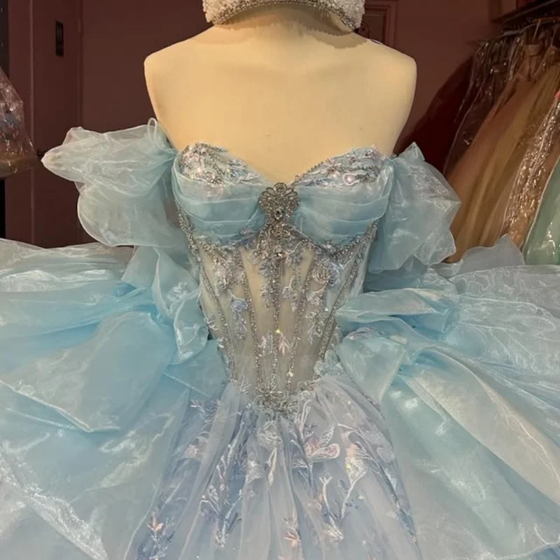 

Голубое платье Quinceanera с открытыми плечами, кружевное многослойное блестящее цветочное платье с длинным хвостом, платья de 15, Quinceanera ﻿ Настроить