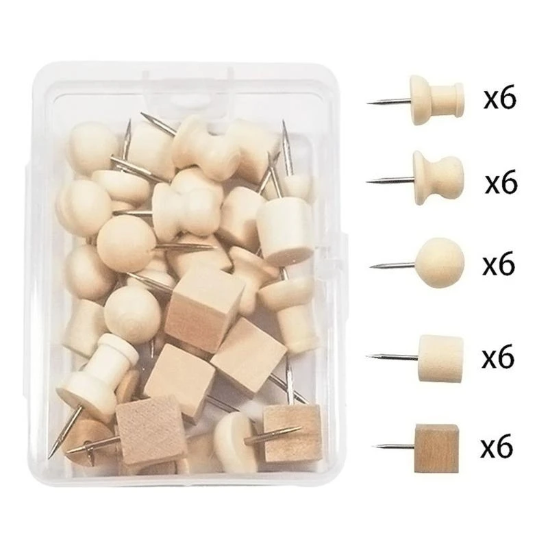

30Pcs 5 Style Wooden Push Pin Decorative Thumb Tack For Cork Board Document Drawing Office Classroom Home Craft