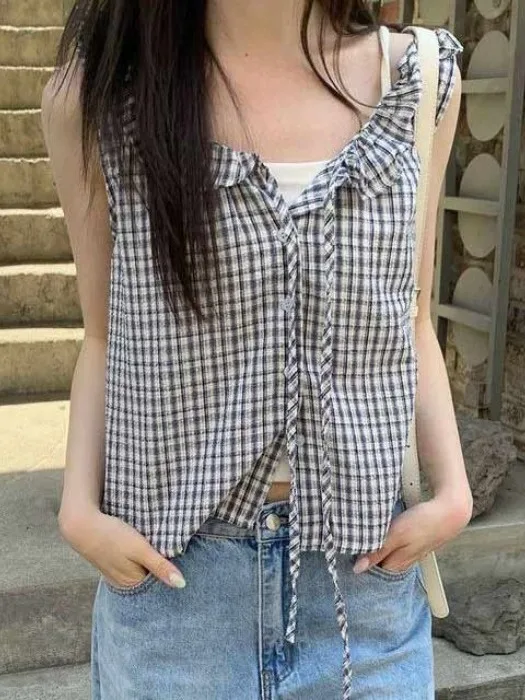 

Retro Chic Plaid Sleeveless Vest Top Women's Summer Belted Ruffle Short Shirt Korean Style Waist-Cinching No-Sleeve round Neck