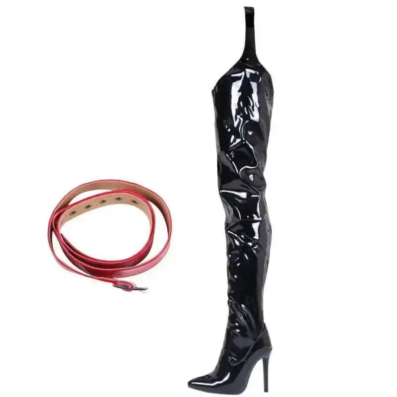 Femmes hommes Sexy ceinture extensible brevet sur le genou bottes talons hauts chaussures cuisse haute Stiletto boîte de nuit Bar bottes larges grande vente