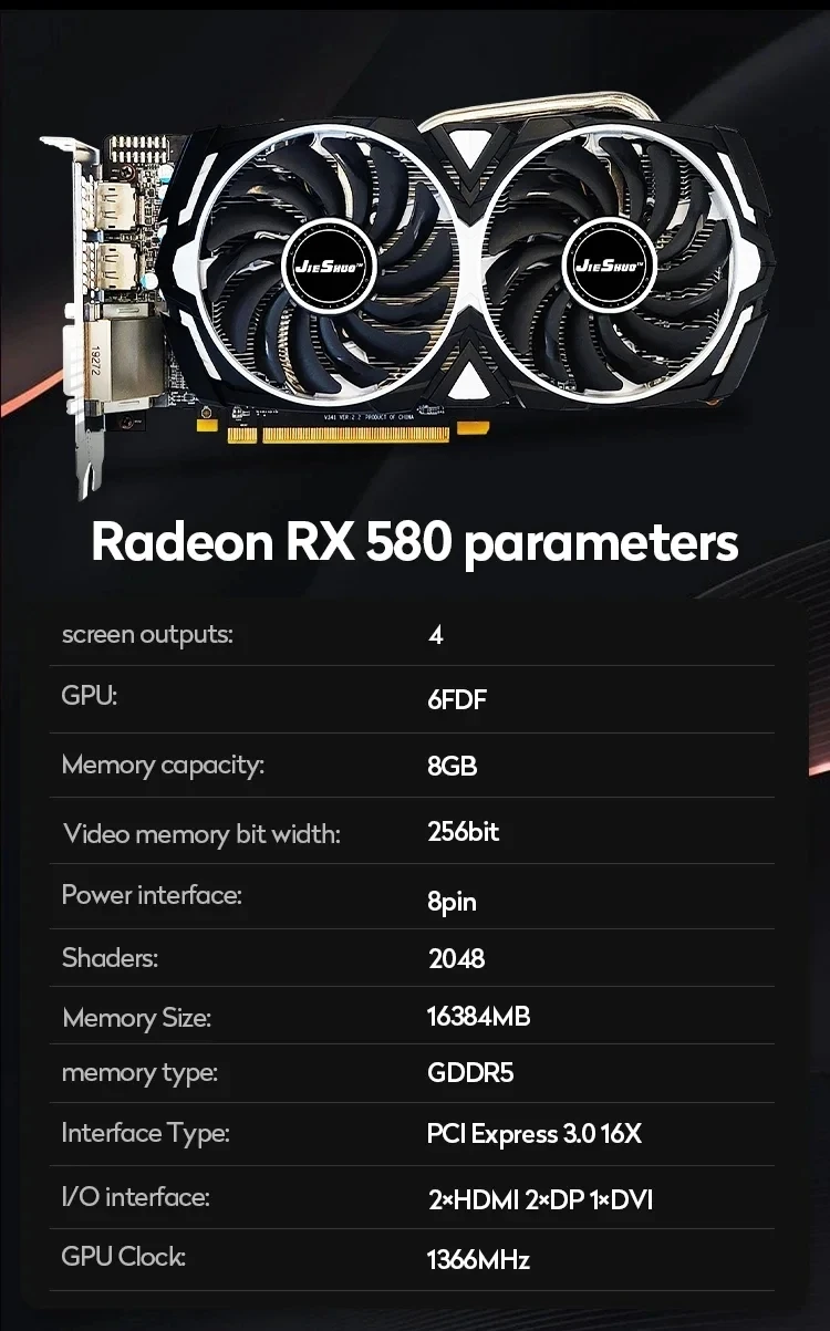 بطاقة رسومات JIESHUO AMD RX 580 8GB 2048sp GDDR5 256bit grx 750 8g GPU rx580 للكمبيوتر المكتبي ألعاب الفيديو المكتبية والكمبيوتر