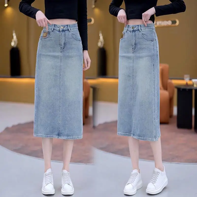 

Denim Skirt Women's New Spring and Autumn Back Slit Overknee Mid-Length Straight Office Lady Skirt