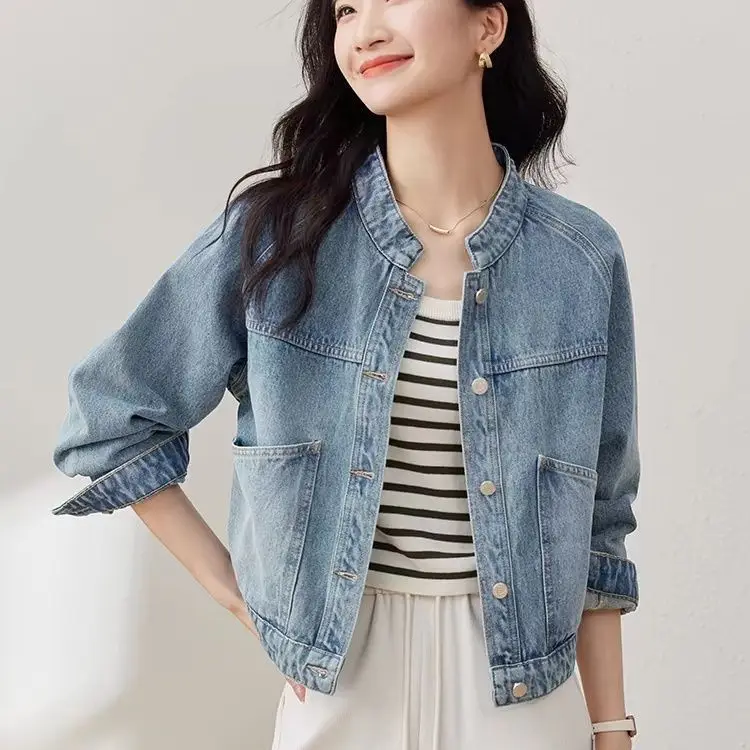 Retro Washed Denim Short Jacket for Women, Long-Sleeved Top, Stand-up Collar, Small, Autumn and Winter Clothes, New