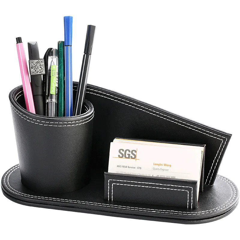 New Office PU Leather Desktop Stationery Organizer Large Pen Pots Pencil Holder Business Card Stand Storage Holder