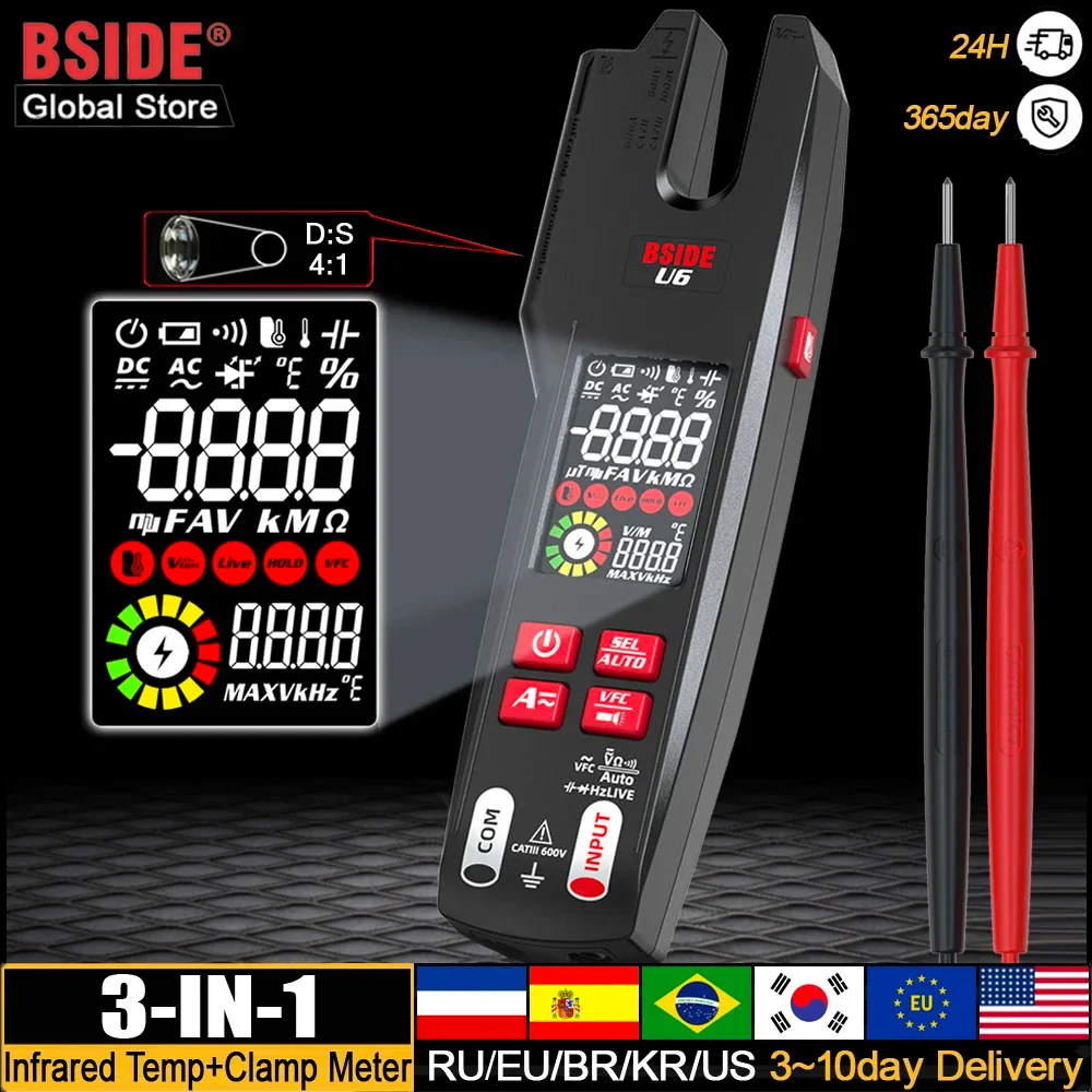 BSIDE Profesional Fork Meter 9999 Counts USB Charge Electrical Tester Clamp meter True RMS 600A Digital DC AC Clamp Meter NCV U6