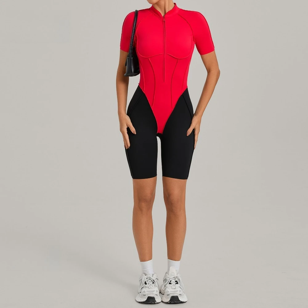 Women's Gym Workout Clothes Jumpsuits Color Block Yoga Bodysuit with Zipper Open Back Butt-lifting Outdoor Fitness Activewear
