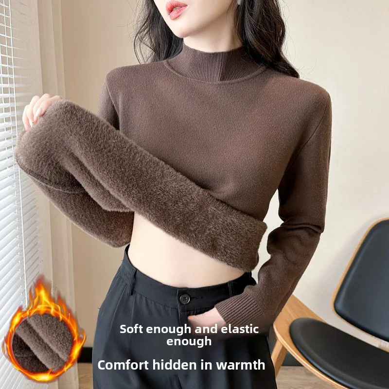 

Women's Fleece Lined Thickened Integrated Velvet Base Shirt Autumn Winter Knitwear Half High Collar Long Sleeve Regular Fit