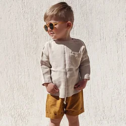 Boy's Linen Shirt Spring New Rustic Style Children's Round Neck Cotton And Linen Long Sleeved Solid T-Shirts With Pocket TZ410