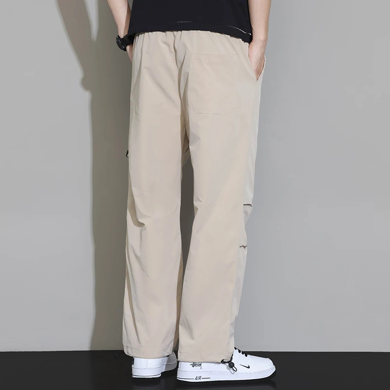 Men's Spring Autumn Solid Color High Waisted Elastic Pockets Casual Loose Wide Leg Cargo Trousers Fashionable Clothing Pants