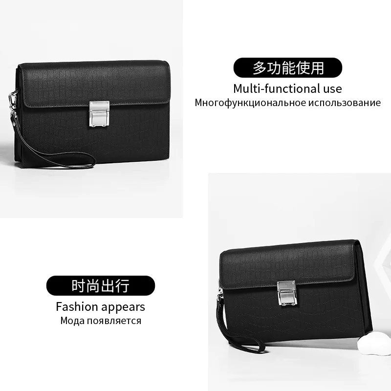 Men Black Genuine Cowhide Leather Clutch Bag Crocodile Embossed Wristlet with Metal Lock Flap Business Handbag