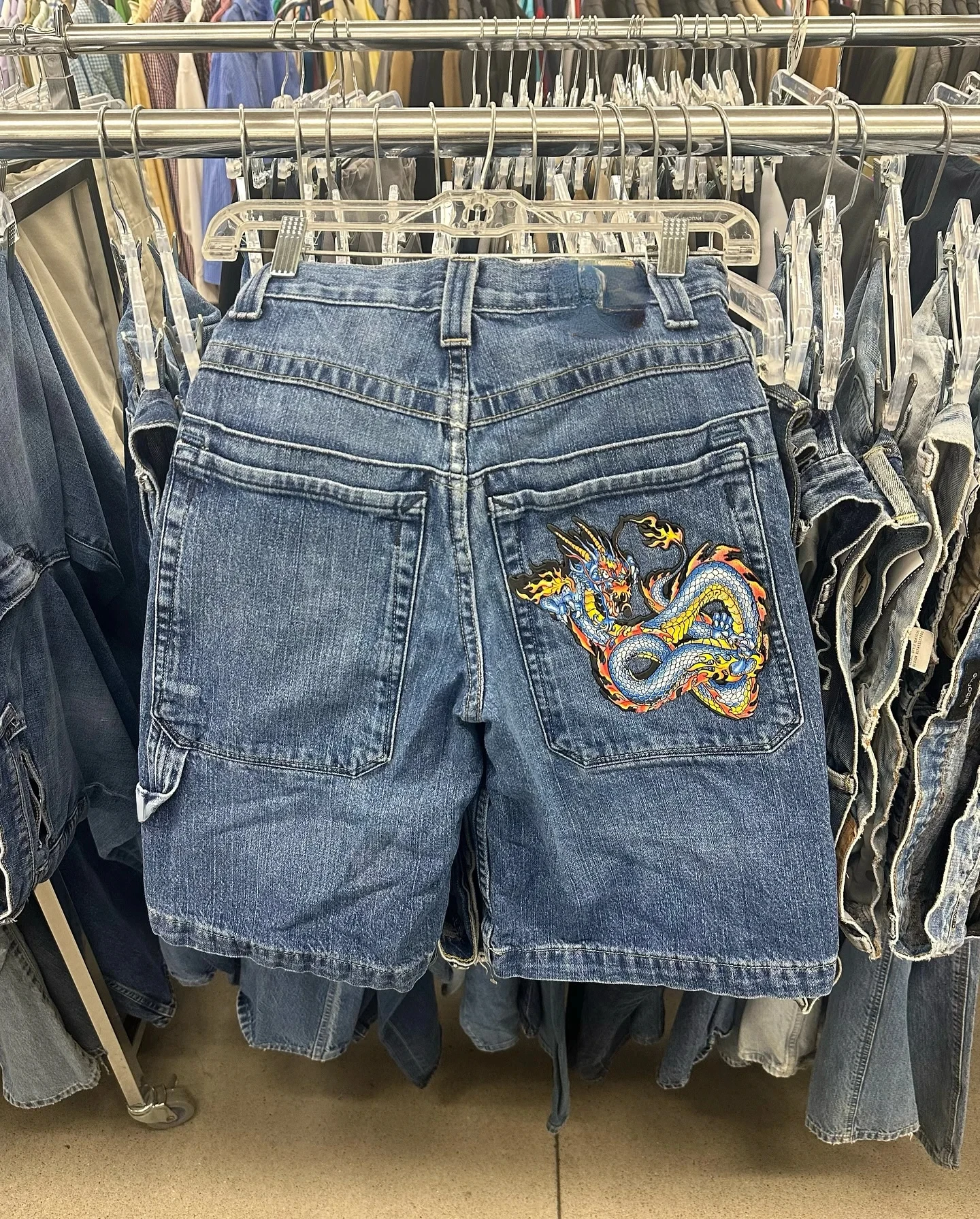 2000s Style Chinese Loong Hip Hop Denim Shorts Summer Baggy Jeans Gothic Jorts Y2k Retro Blue Men Wide Leg Cargo Gym Shorts