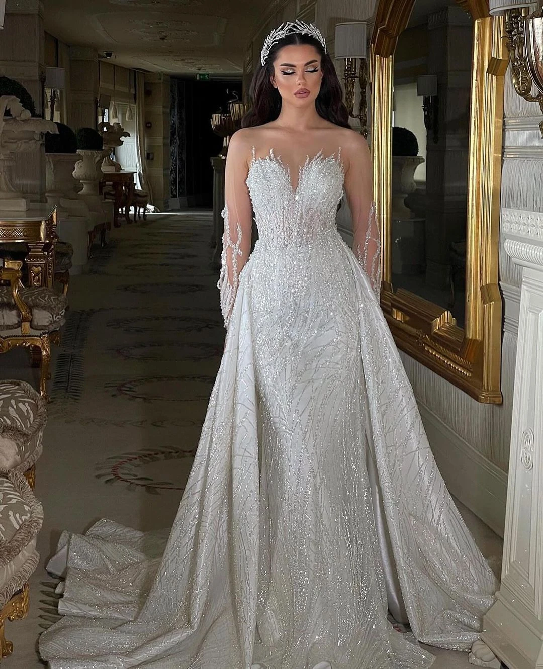 Classic Mermaid Women Wedding Dress Sequins O-Neck Bridal Gown Sweep Train Slim Fit Long Sleeves Dresses vestidos de novia