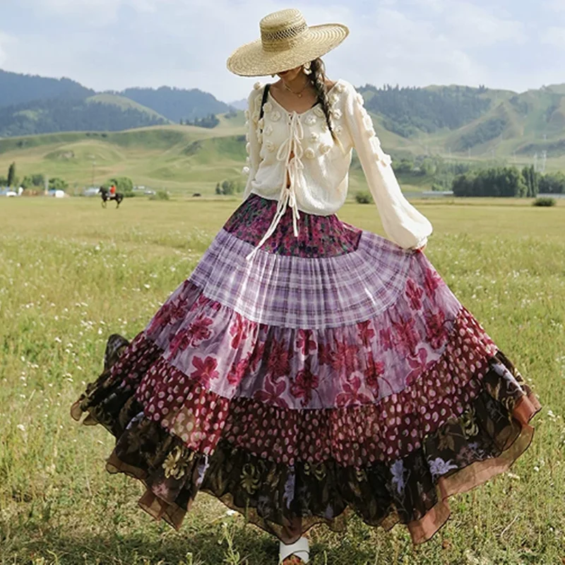 TIYIHAILEY Long Maxi Skirt for Women Purple Layer Patchwork Skirts Ladies Elastic Waist Spring Summer Colorful 2026 Big Hem