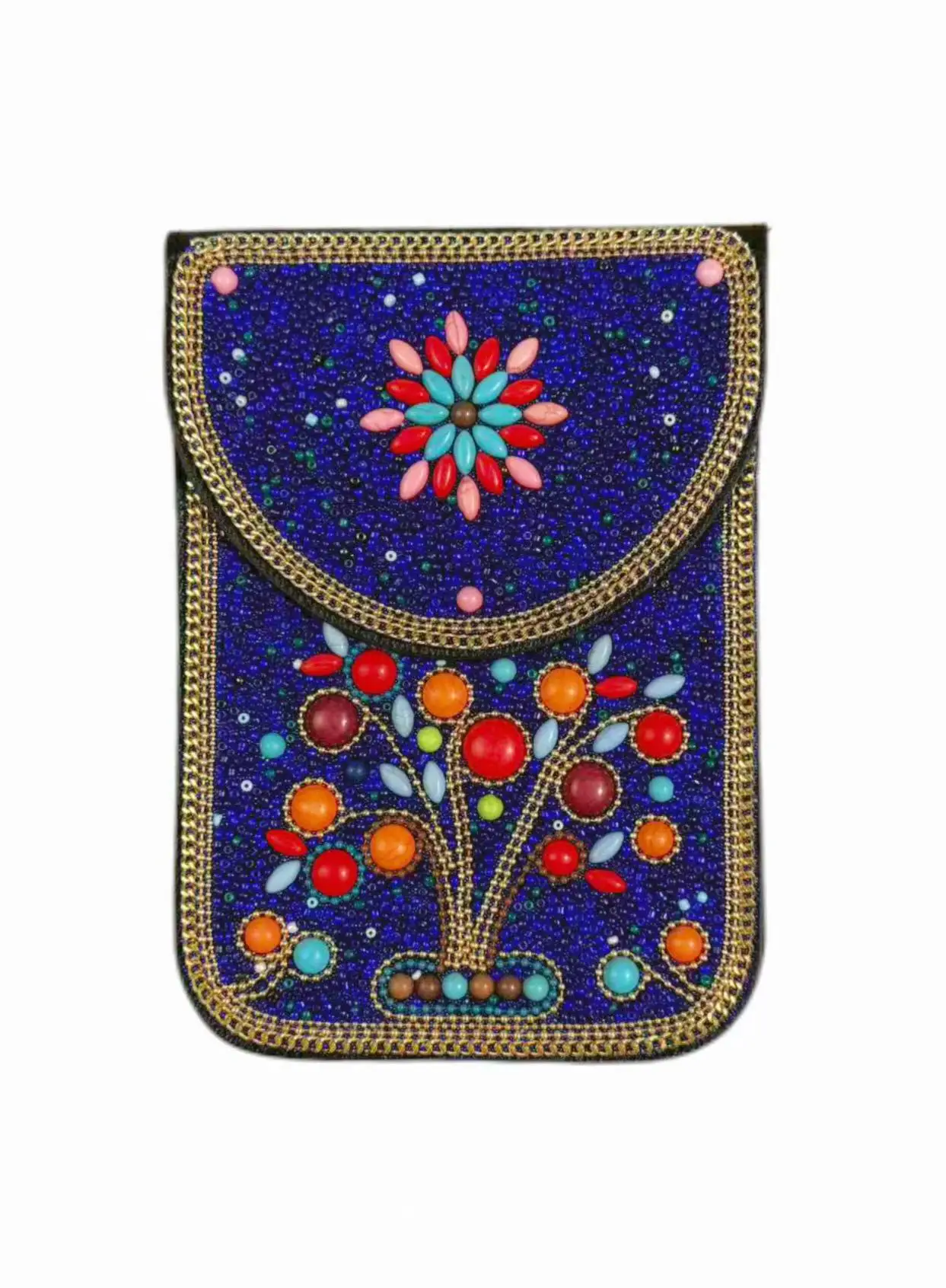 Blue sapphire handmade bead flip wallet three-dimensional floral fruit tree pattern golden chain edge