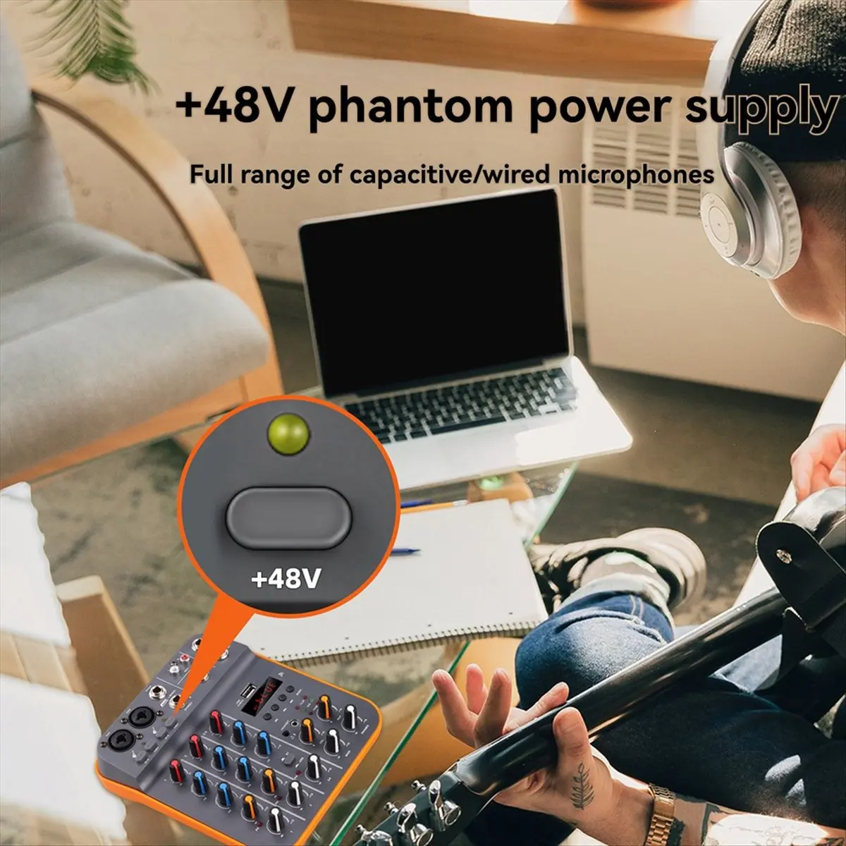 4 Channel Audio Mixer DJ Console Mixer with Reverb Bluetooth 5.0 48V Power for PC Recording Karaoke Singing EU Plug