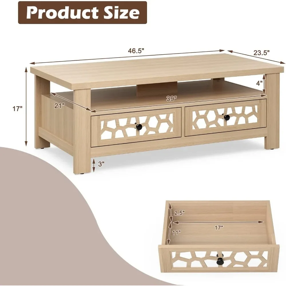 2-Tier Coffee Table, 46.5" Rectangular Center Table w/Acrylic Mirror Design, Wooden Table w/Large Tabletop, Open Shelf,