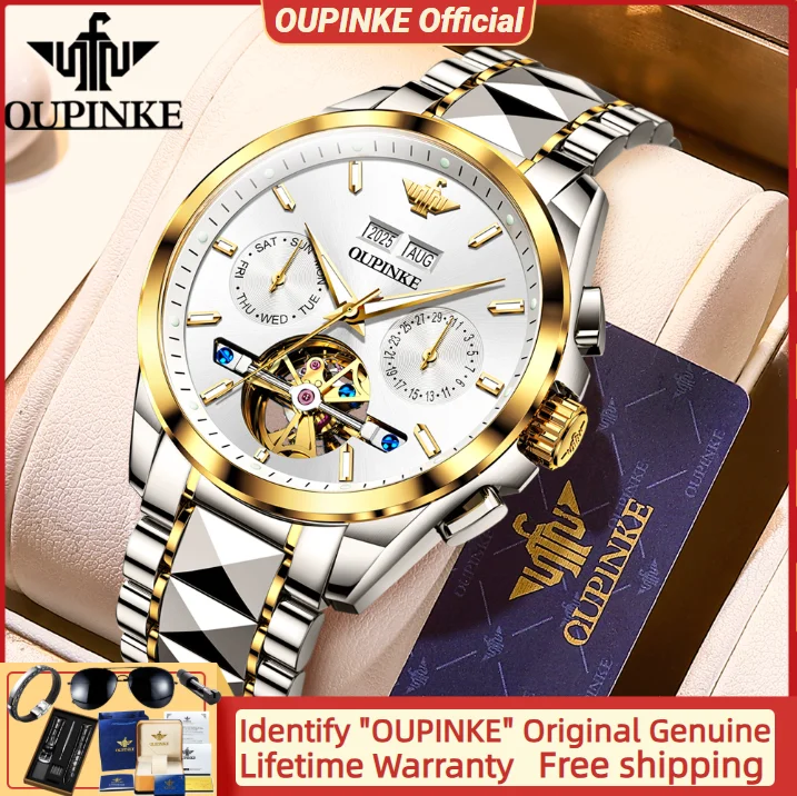OUPINKE 3290 Original Mechanical Watch Men Luminous Auto Date Multifunctional Date Year Business Dress Wristwatch NEW 2025