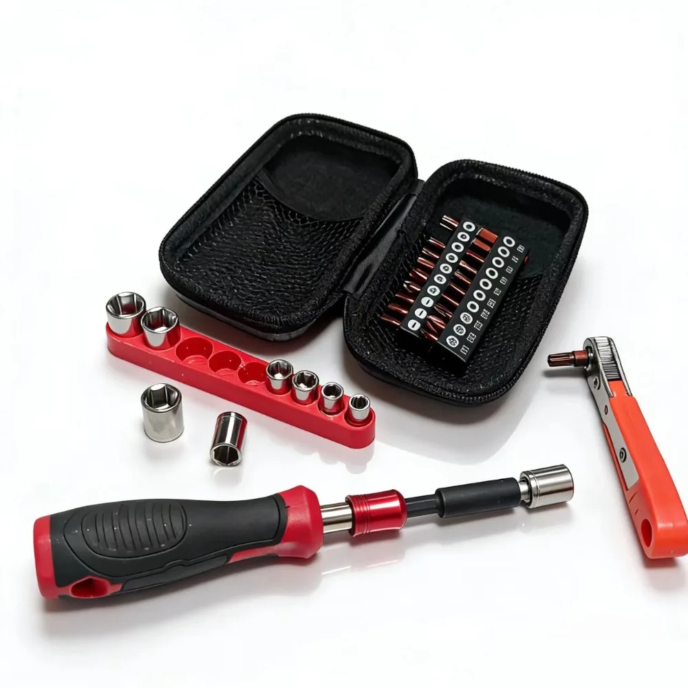 Haushalts-Reparatur-Werkzeugkasten-Set mit Kombinations-Ratschenschlüssel, Schraubendrehern, Steckschlüsseln 25mm, Multi-Modell S2-Bit-Köpfen, inklusive Werkzeugkasten – Detail 16