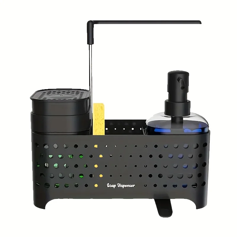 Kitchen Sink Caddy Set 5 Deep Compartments house hold Cleaning Tools Accessories Including Soap Dispenser Towel Holder Black