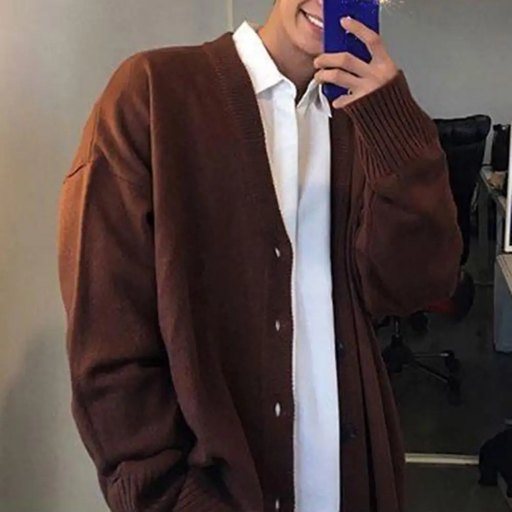 Trendy Soft Thickened Elastic Men Autumn Winter Solid Color Buttons Placket Knitted Coat Sweater Coat Cold Resistant