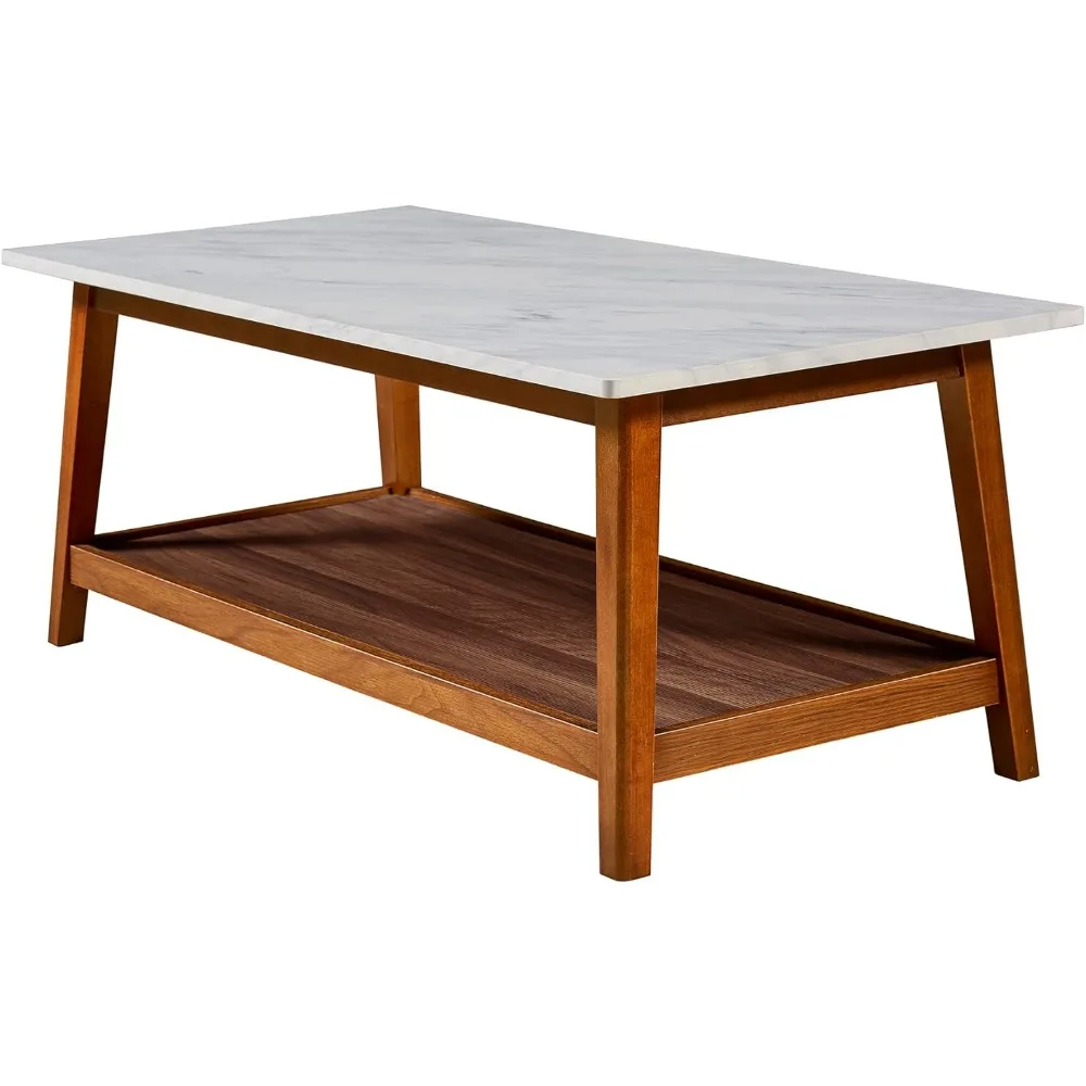 Kingston Wooden Coffee Table with Storage and Marble-Look Top for Living Room Home and Office, Walnut