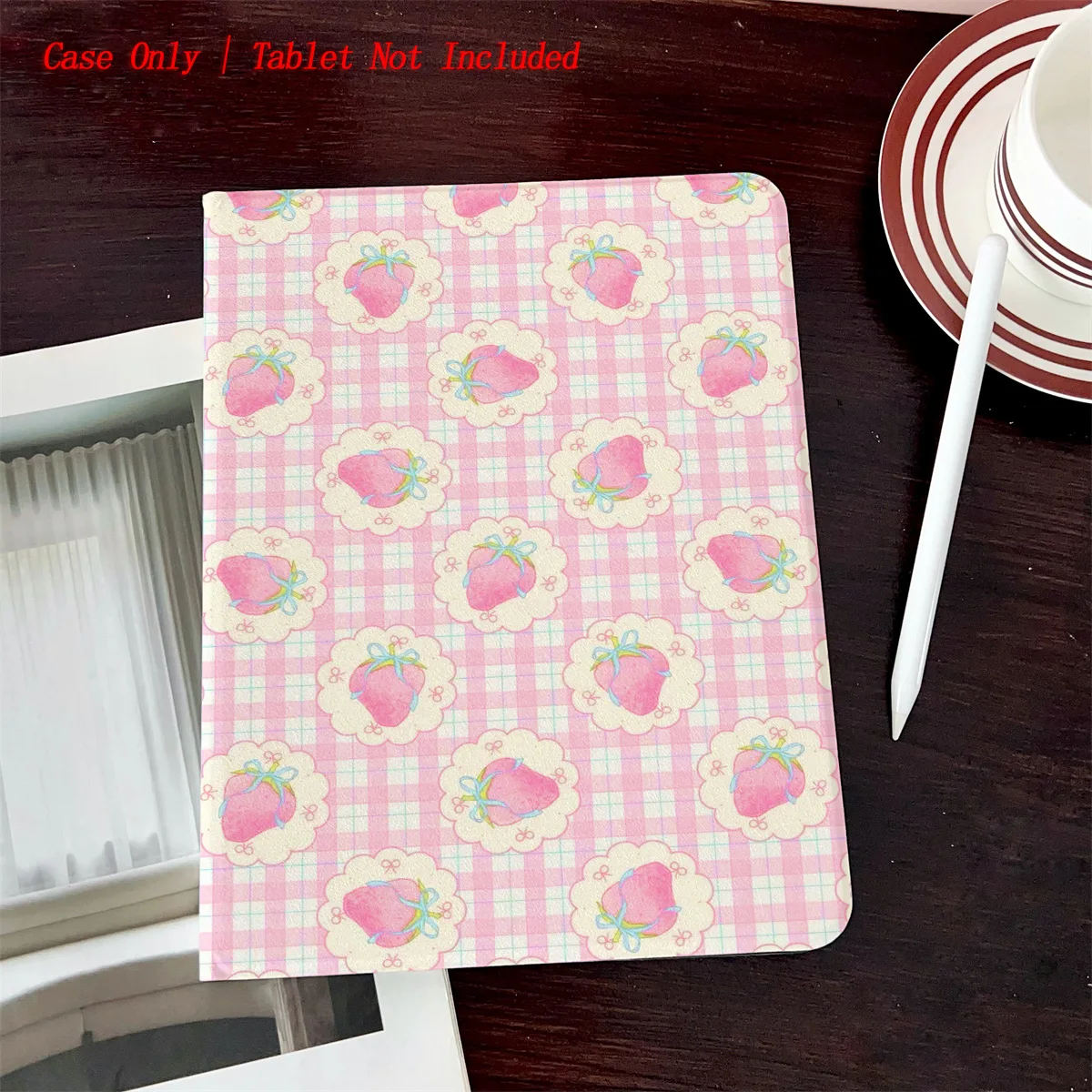 

Simple Fresh Book Cover with Pen Slot & Pink Strawberry Heart Print, Auto Sleep/Wake, Fits Multiple Apple Models