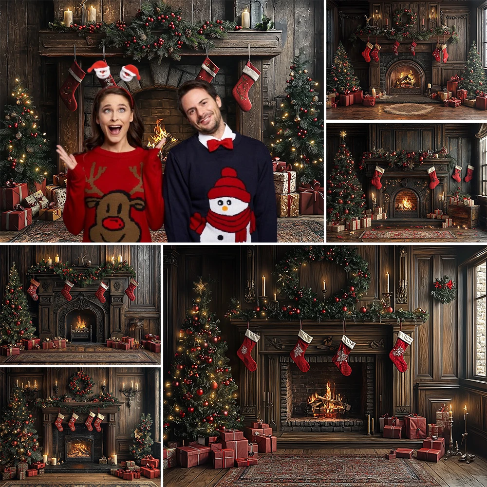 Fond de photographie de chambre de Noël, arbre de Noël, cheminée, décoration de guirxiété, adultes, enfants, portrait de vacances, décors photo, studio