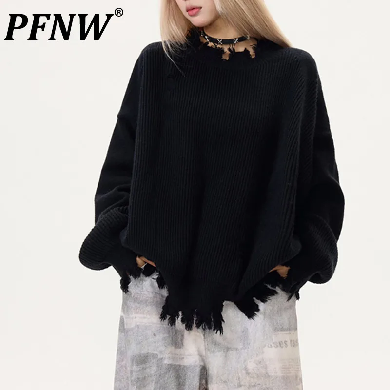 PFNW Rough Edge Broken Sweater Knitted Men's Long Sleeve Pullover Solid Color Tops Versatile American Loose Autumn Coats 28W4826