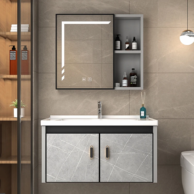 Marble Texture Bathroom Cabinet With Sink Wall Mounted Bathroom Sink Vanity Floating Medicine Led Mirror Cabinet Modern Grey